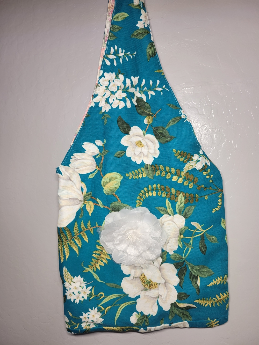 Handmade Teal Floral Crossbody Bag with White Flower Appliqué